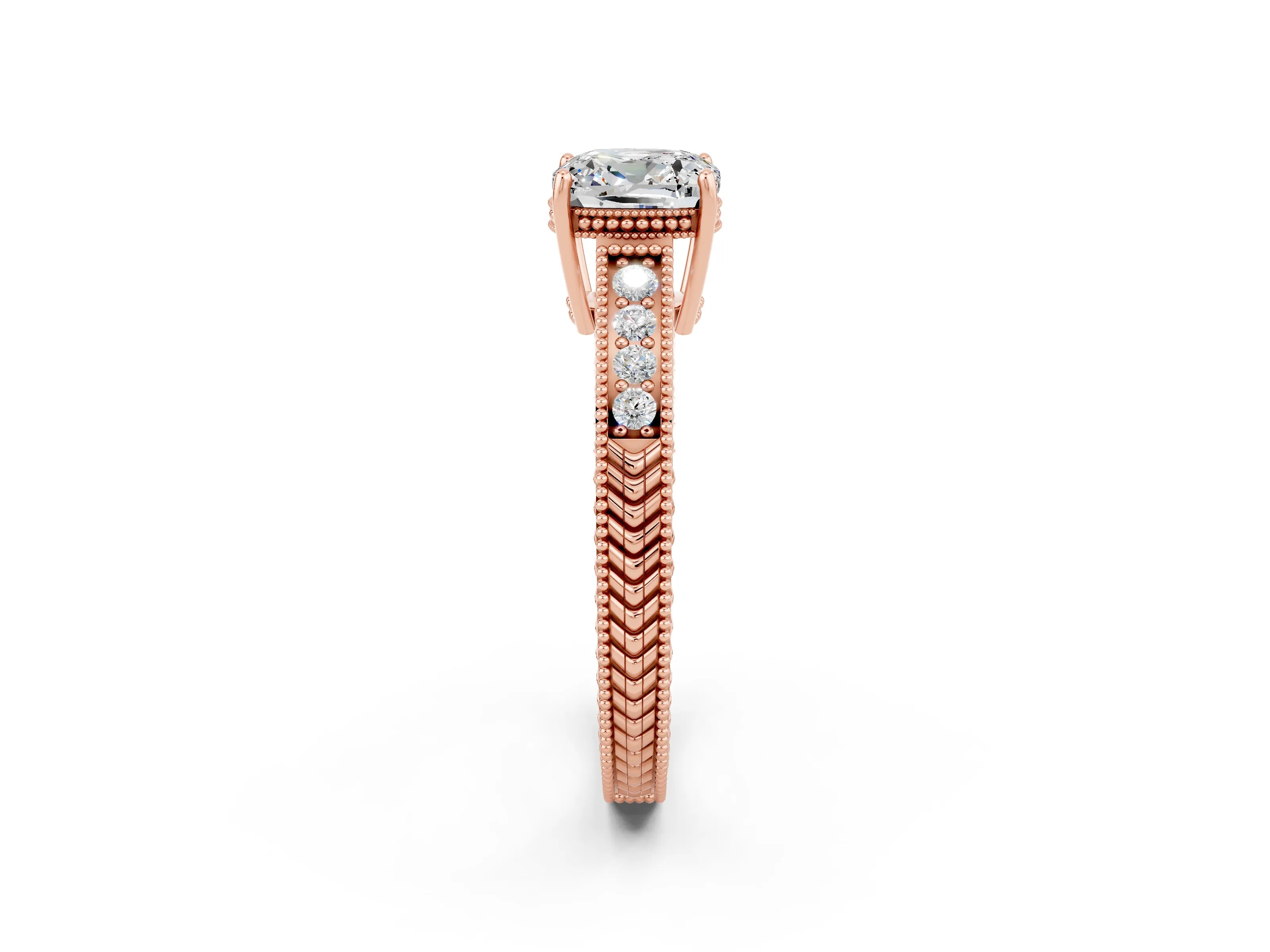 Rose gold Cushion Cut Moissanite Engagement Ring with Milgrain Channel Set Band and Prong Setting_2
