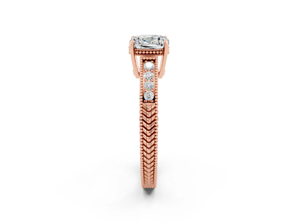 Rose gold Cushion Cut Moissanite Engagement Ring with Milgrain Channel Set Band and Prong Setting