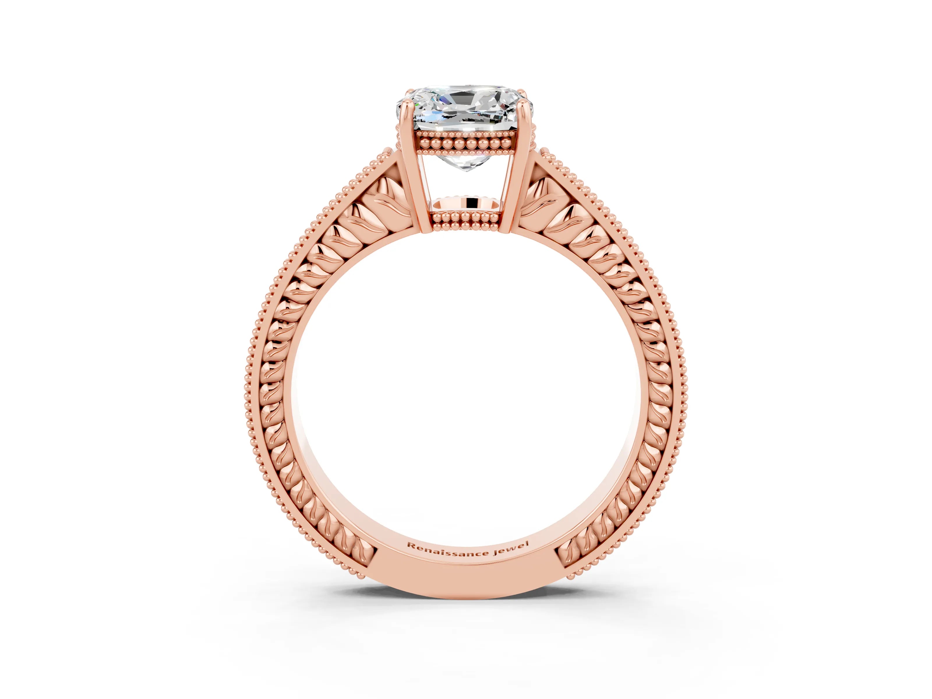 Rose gold Cushion Cut Moissanite Engagement Ring with Milgrain Channel Set Band and Prong Setting_3