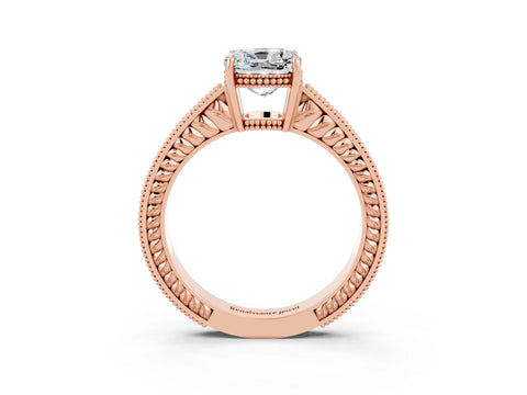Rose gold Cushion Cut Moissanite Engagement Ring with Milgrain Channel Set Band and Prong Setting_3