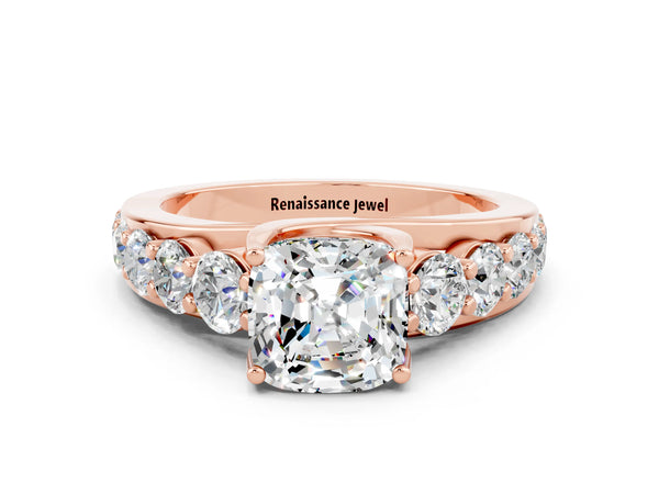 Rose gold Cushion Cut Moissanite Engagement Ring with Pavé Band and Four-Prong Setting
