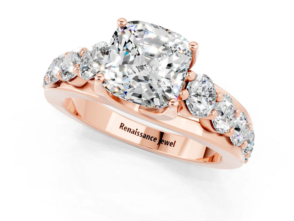 Rose gold Cushion Cut Moissanite Engagement Ring with Pavé Band and Four-Prong Setting