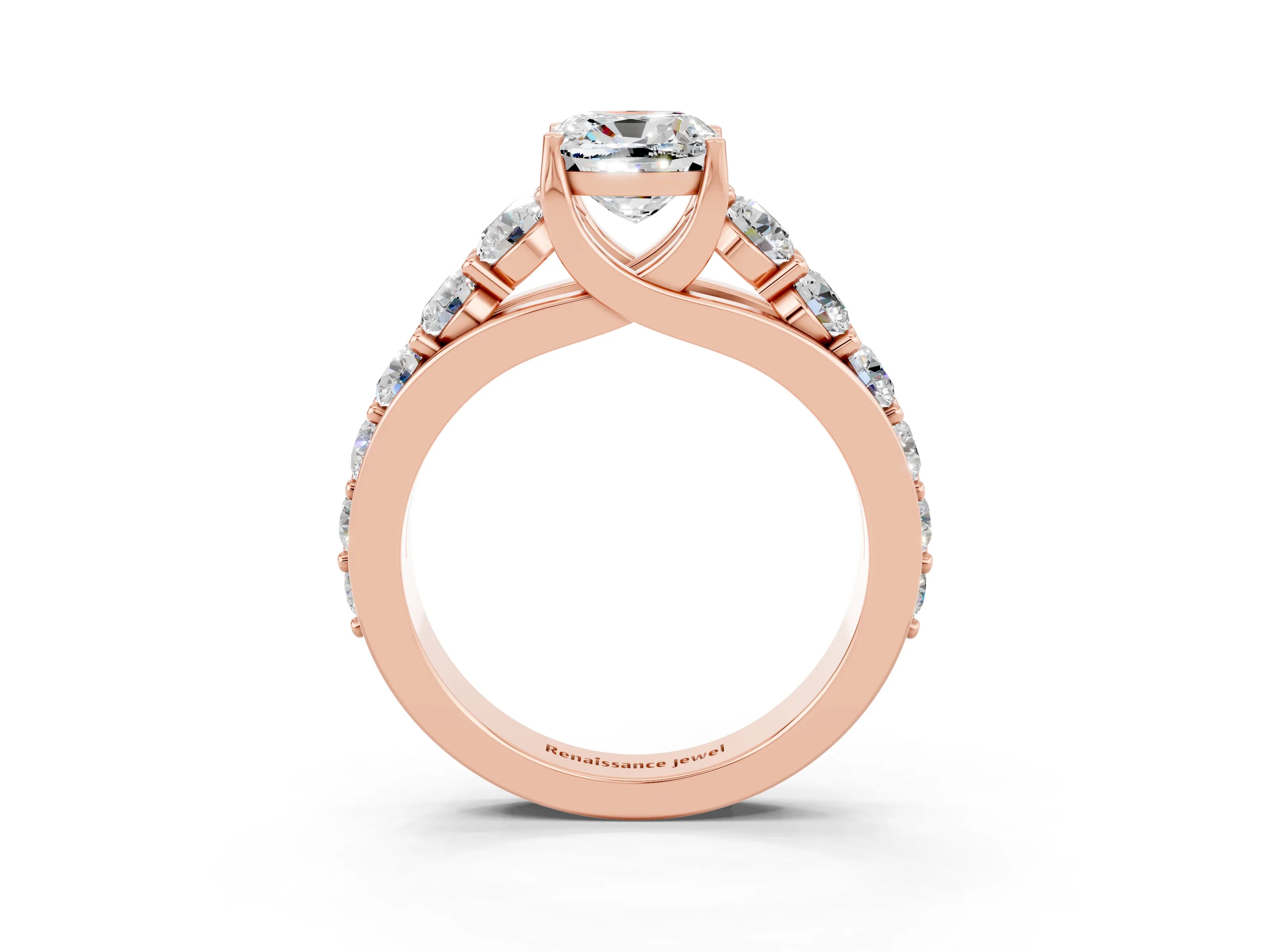 Rose gold Cushion Cut Moissanite Engagement Ring with Pavé Band and Four-Prong Setting_3