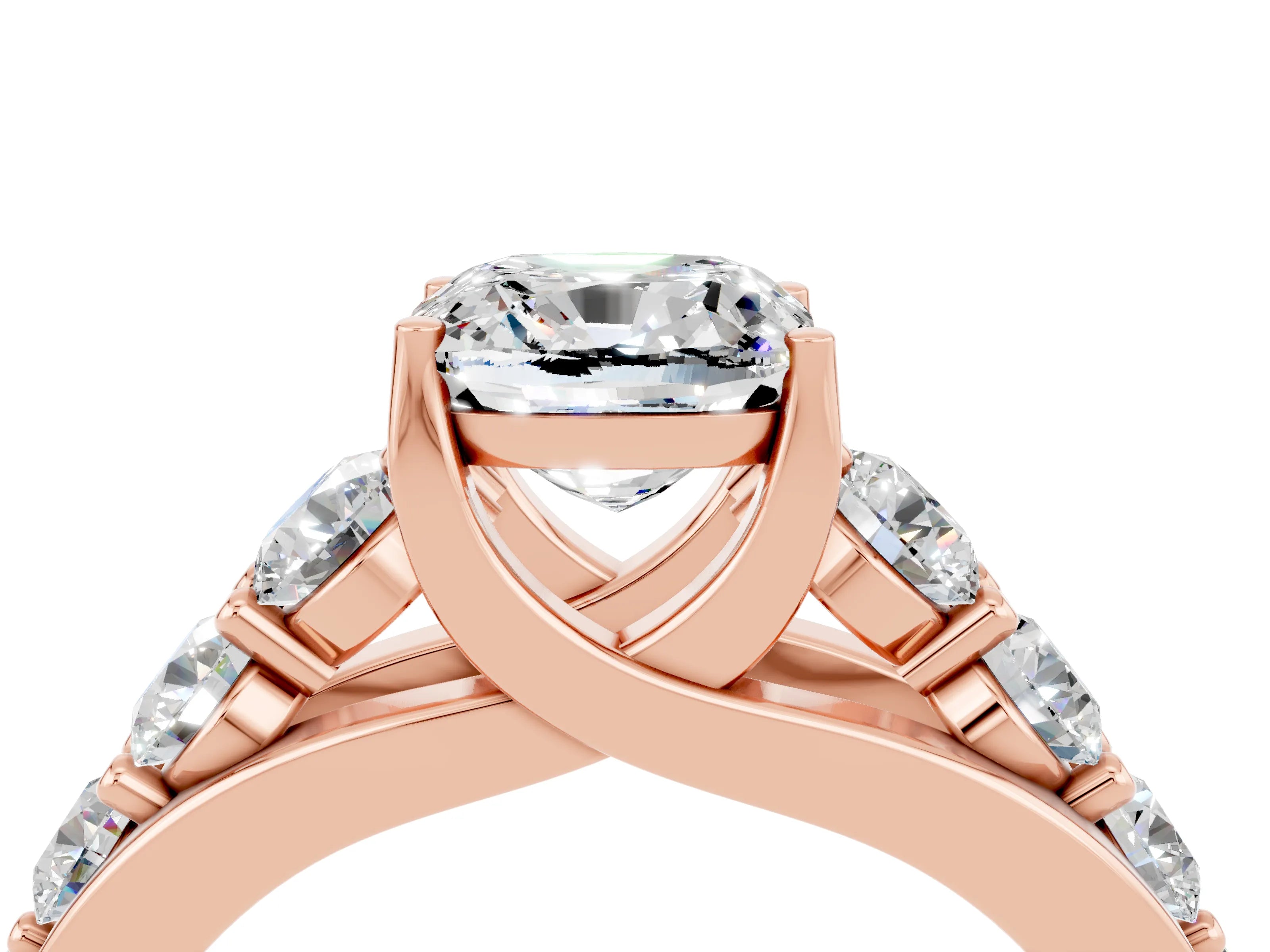 Rose gold Cushion Cut Moissanite Engagement Ring with Pavé Band and Four-Prong Setting_4