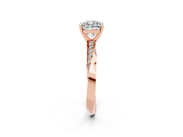 Rose gold Cushion Cut Moissanite Engagement Ring with Side Stone Accents and Four-Prong Setting