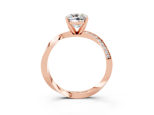 Rose gold Cushion Cut Moissanite Engagement Ring with Side Stone Accents and Four-Prong Setting