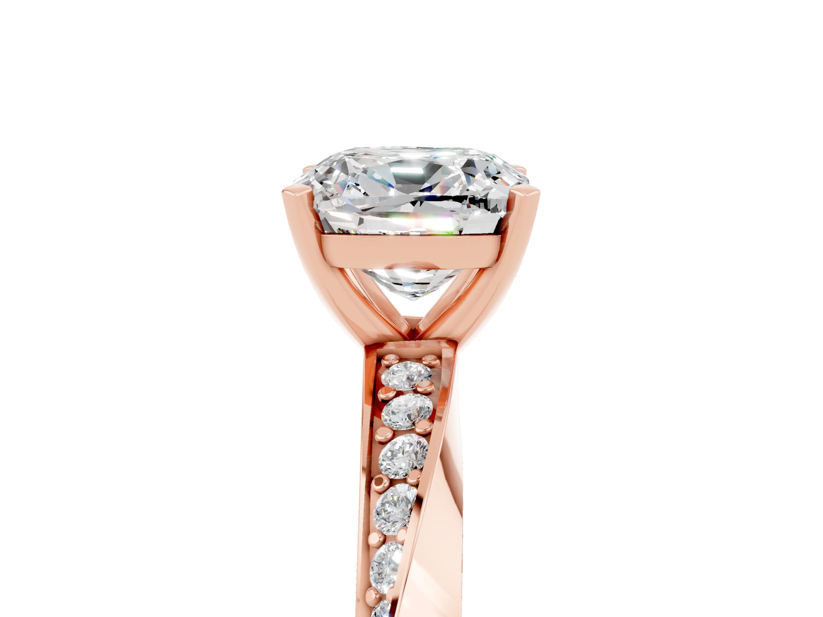 Rose gold Cushion Cut Moissanite Engagement Ring with Side Stone Accents and Four-Prong Setting_44