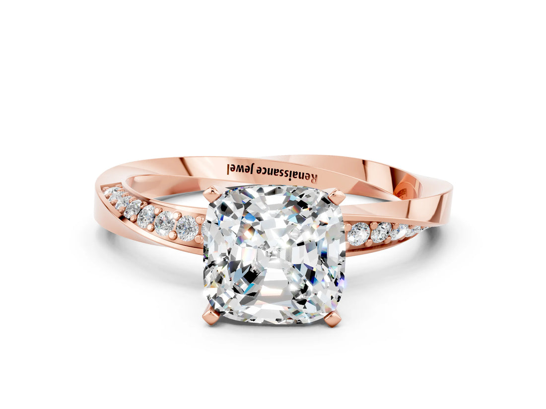 Rose gold Cushion Cut Moissanite Engagement Ring with Side Stone Accents and Four-Prong Setting_96