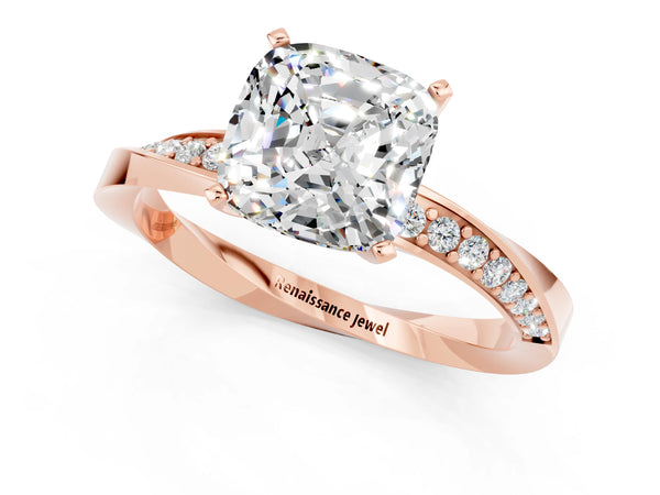 Rose gold Cushion Cut Moissanite Engagement Ring with Side Stone Accents and Four-Prong Setting