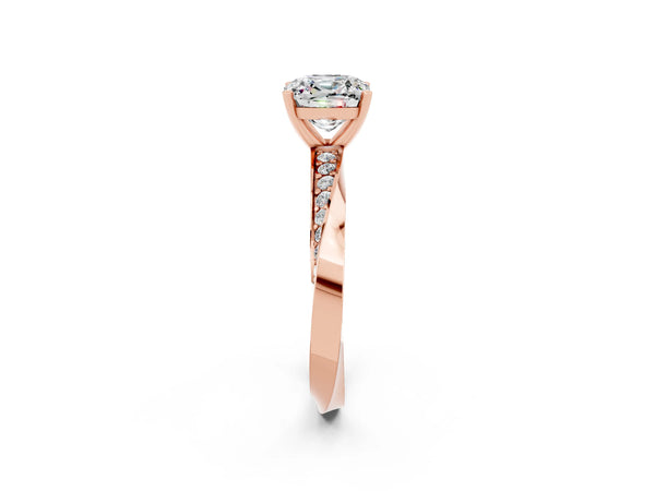 Rose gold Cushion Cut Moissanite Engagement Ring with Side Stone Accents and Four-Prong Setting