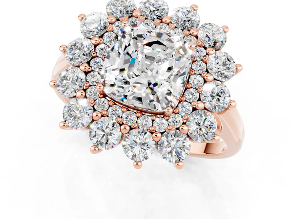 Rose gold Cushion Cut Moissanite Floral Double Halo Engagement Ring with Prong Setting