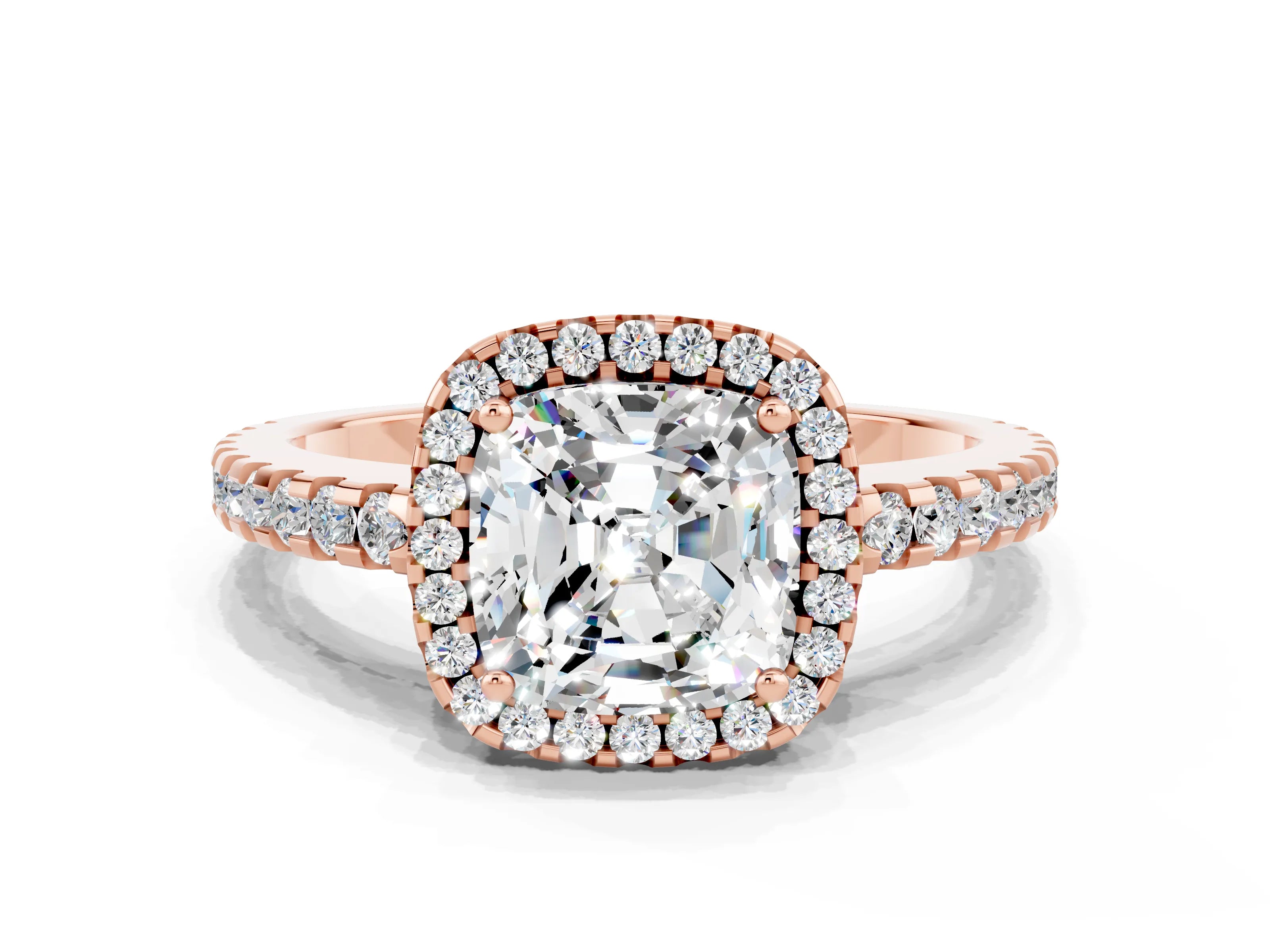 Rose gold Cushion Cut Moissanite Halo Engagement Ring with Pavé Band and Prong Setting_12