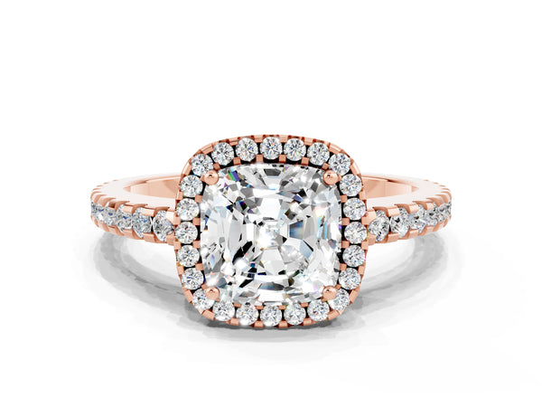 Rose gold Cushion Cut Moissanite Halo Engagement Ring with Pavé Band and Prong Setting