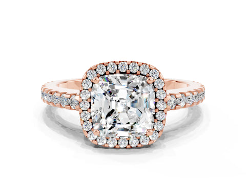 Rose gold Cushion Cut Moissanite Halo Engagement Ring with Pavé Band and Prong Setting_12