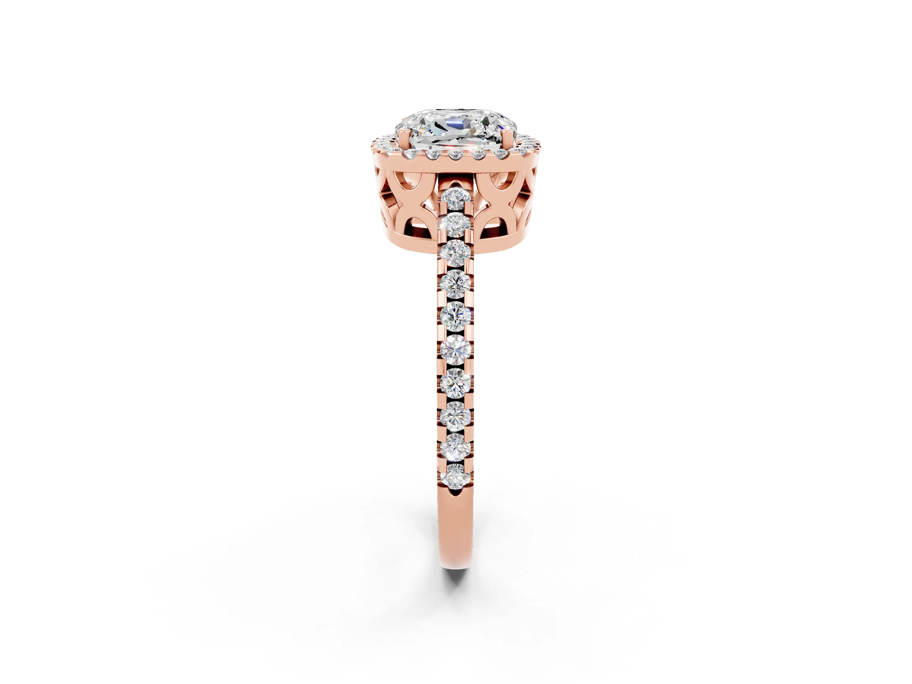 Rose gold Cushion Cut Moissanite Halo Engagement Ring with Pavé Band and Prong Setting_14