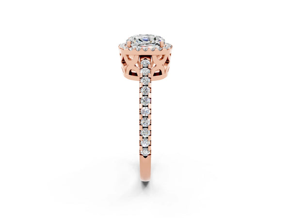 Rose gold Cushion Cut Moissanite Halo Engagement Ring with Pavé Band and Prong Setting