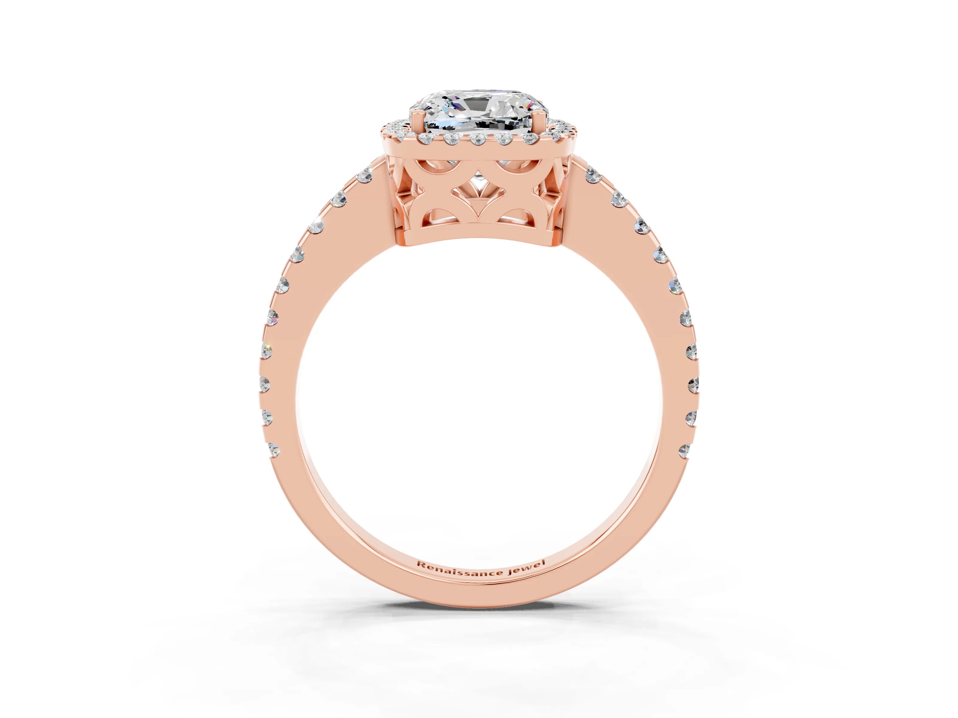 Rose gold Cushion Cut Moissanite Halo Engagement Ring with Pavé Band and Prong Setting_15