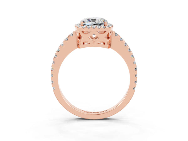 Rose gold Cushion Cut Moissanite Halo Engagement Ring with Pavé Band and Prong Setting