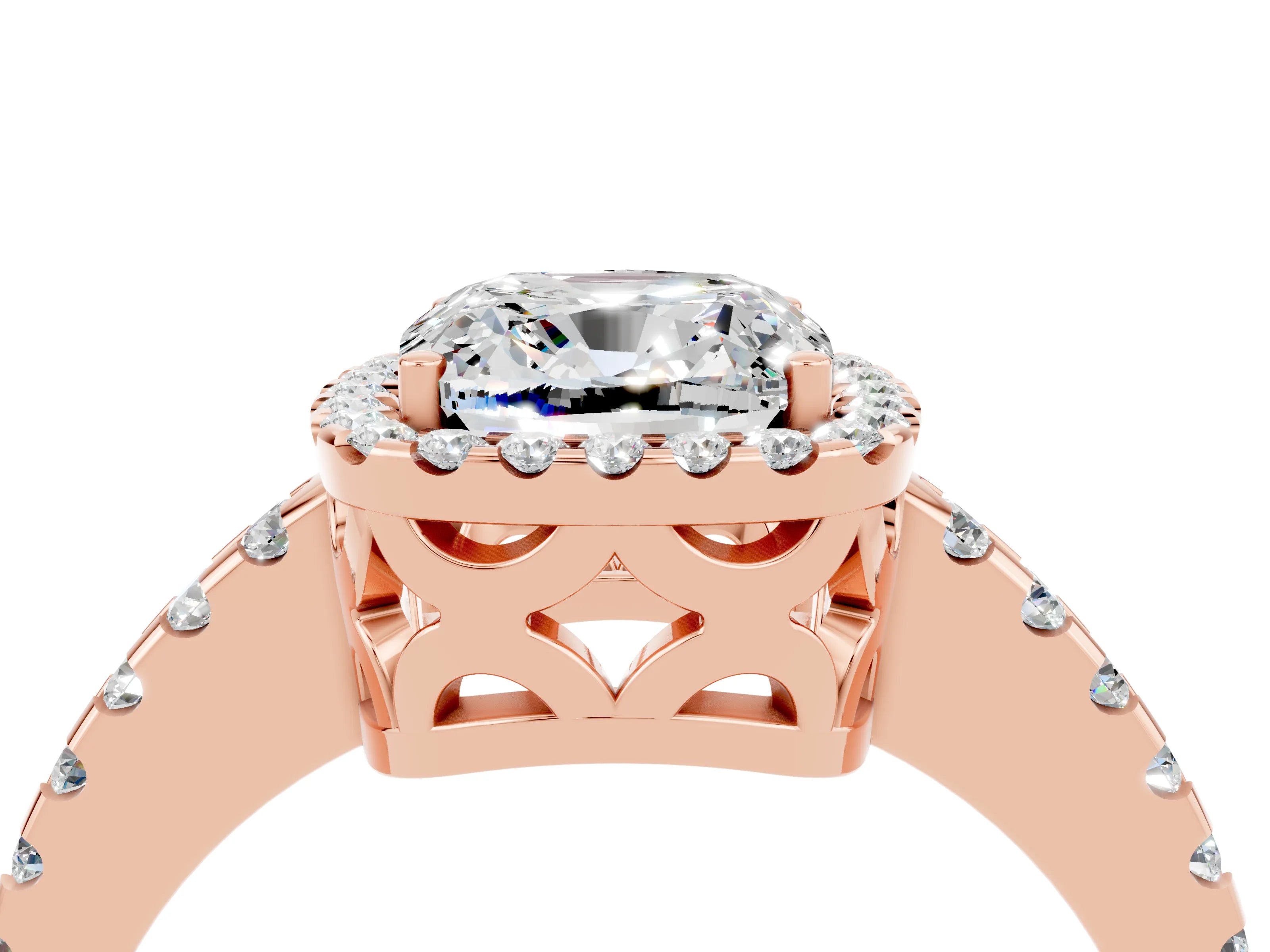 Rose gold Cushion Cut Moissanite Halo Engagement Ring with Pavé Band and Prong Setting_16