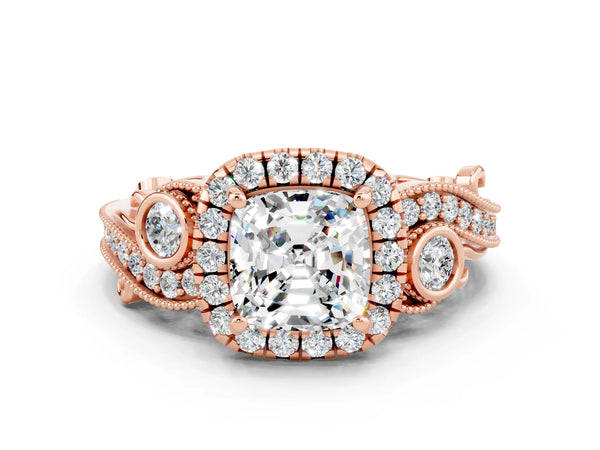 Rose gold Cushion Cut Moissanite Halo Ring with Milgrain Pavé Band and Four-Prong Setting