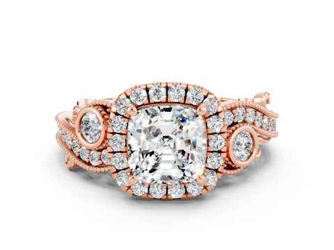 Rose gold Cushion Cut Moissanite Halo Ring with Milgrain Pavé Band and Four-Prong Setting_12