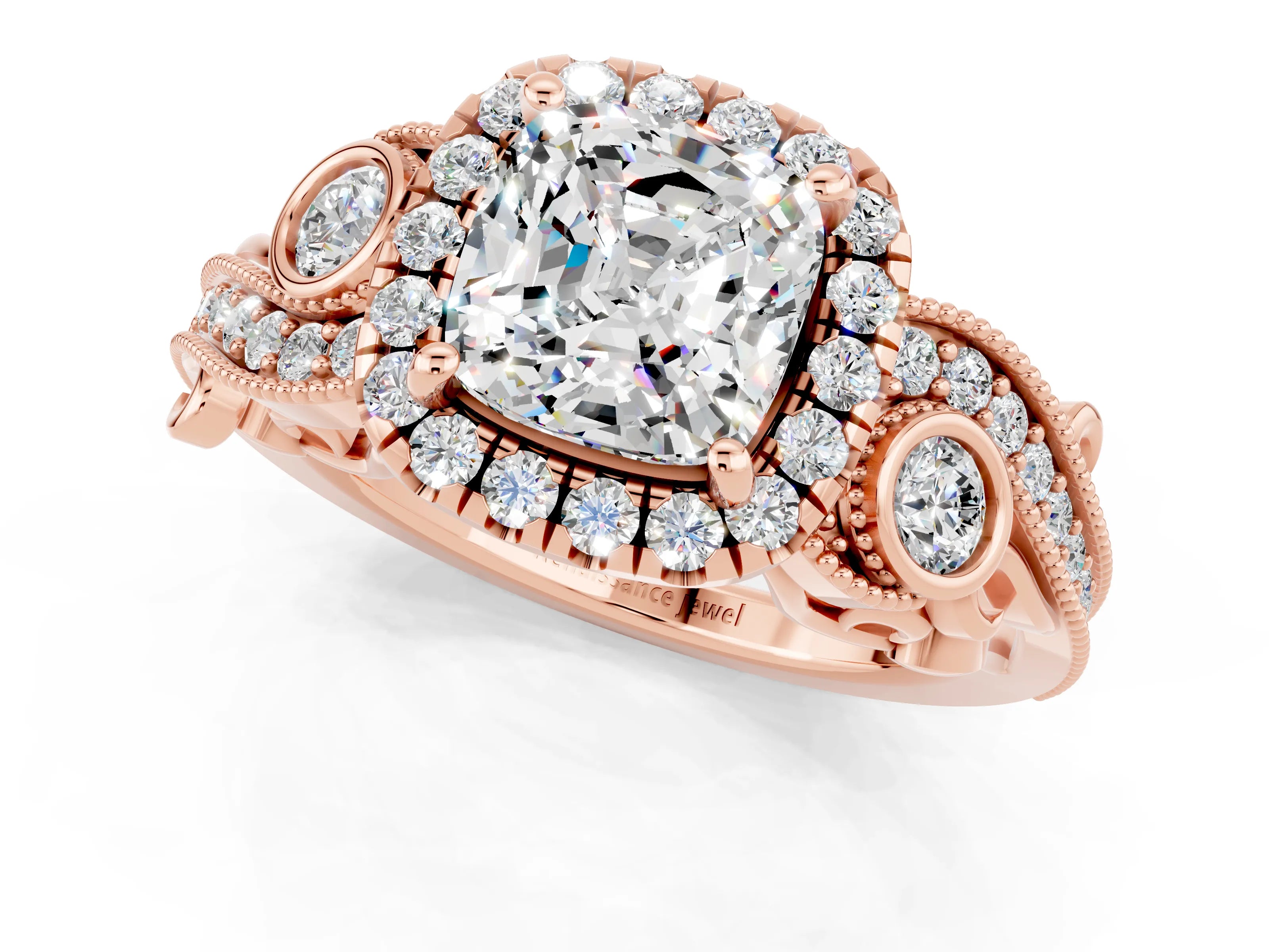 Rose gold Cushion Cut Moissanite Halo Ring with Milgrain Pavé Band and Four-Prong Setting_13