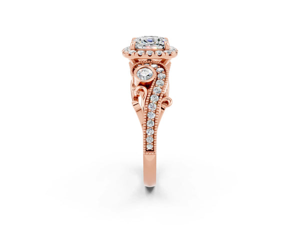 Rose gold Cushion Cut Moissanite Halo Ring with Milgrain Pavé Band and Four-Prong Setting