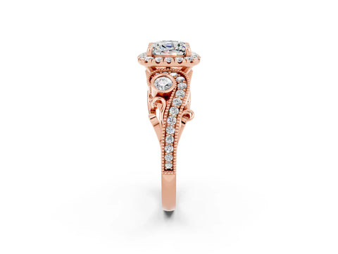 Rose gold Cushion Cut Moissanite Halo Ring with Milgrain Pavé Band and Four-Prong Setting_14
