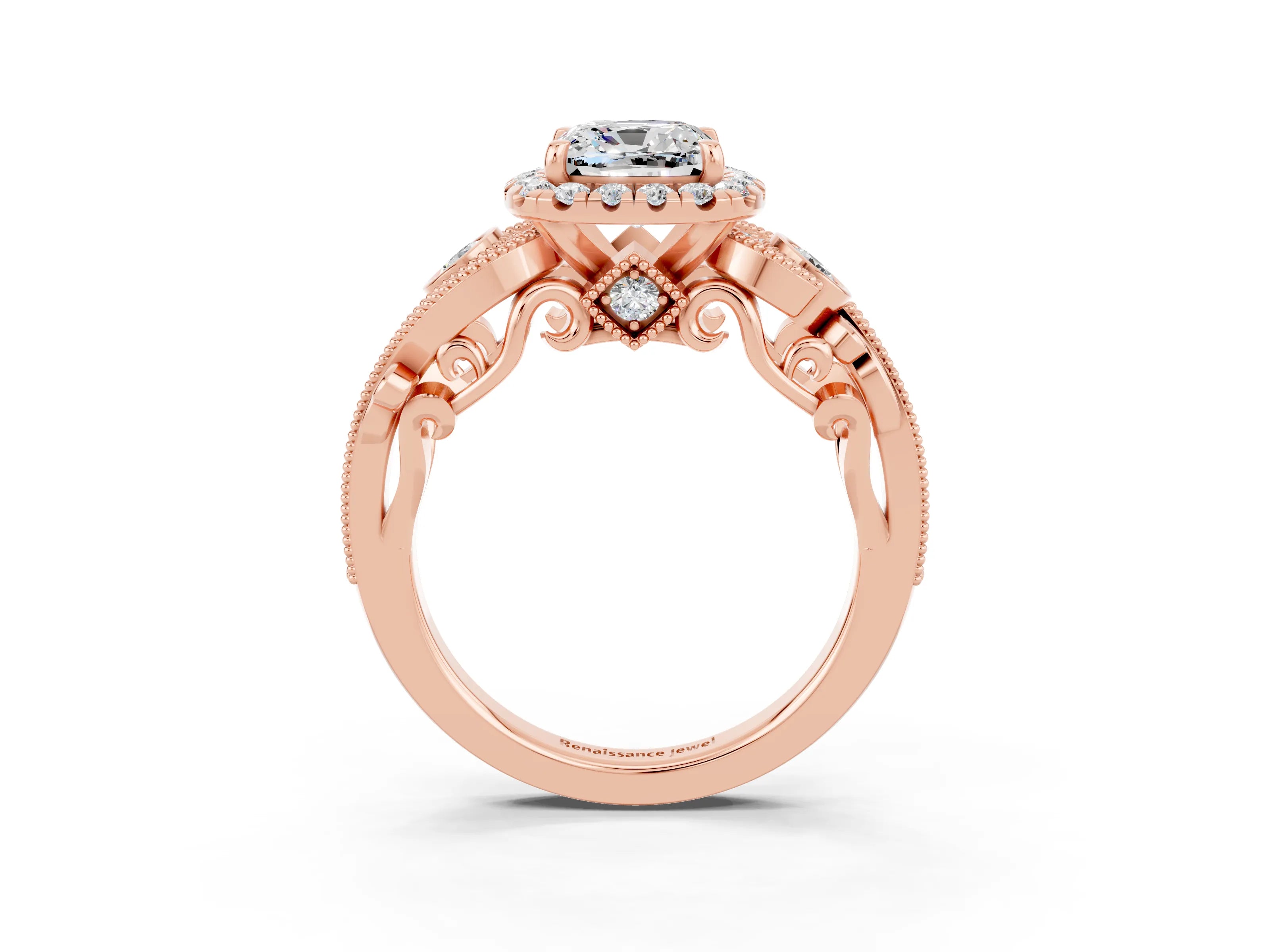 Rose gold Cushion Cut Moissanite Halo Ring with Milgrain Pavé Band and Four-Prong Setting_15