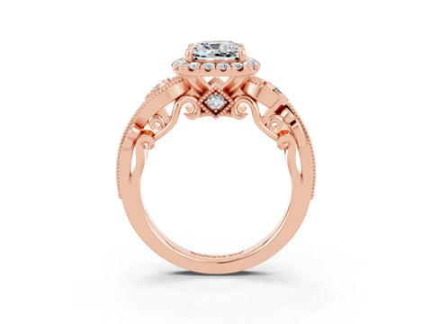 Rose gold Cushion Cut Moissanite Halo Ring with Milgrain Pavé Band and Four-Prong Setting_15