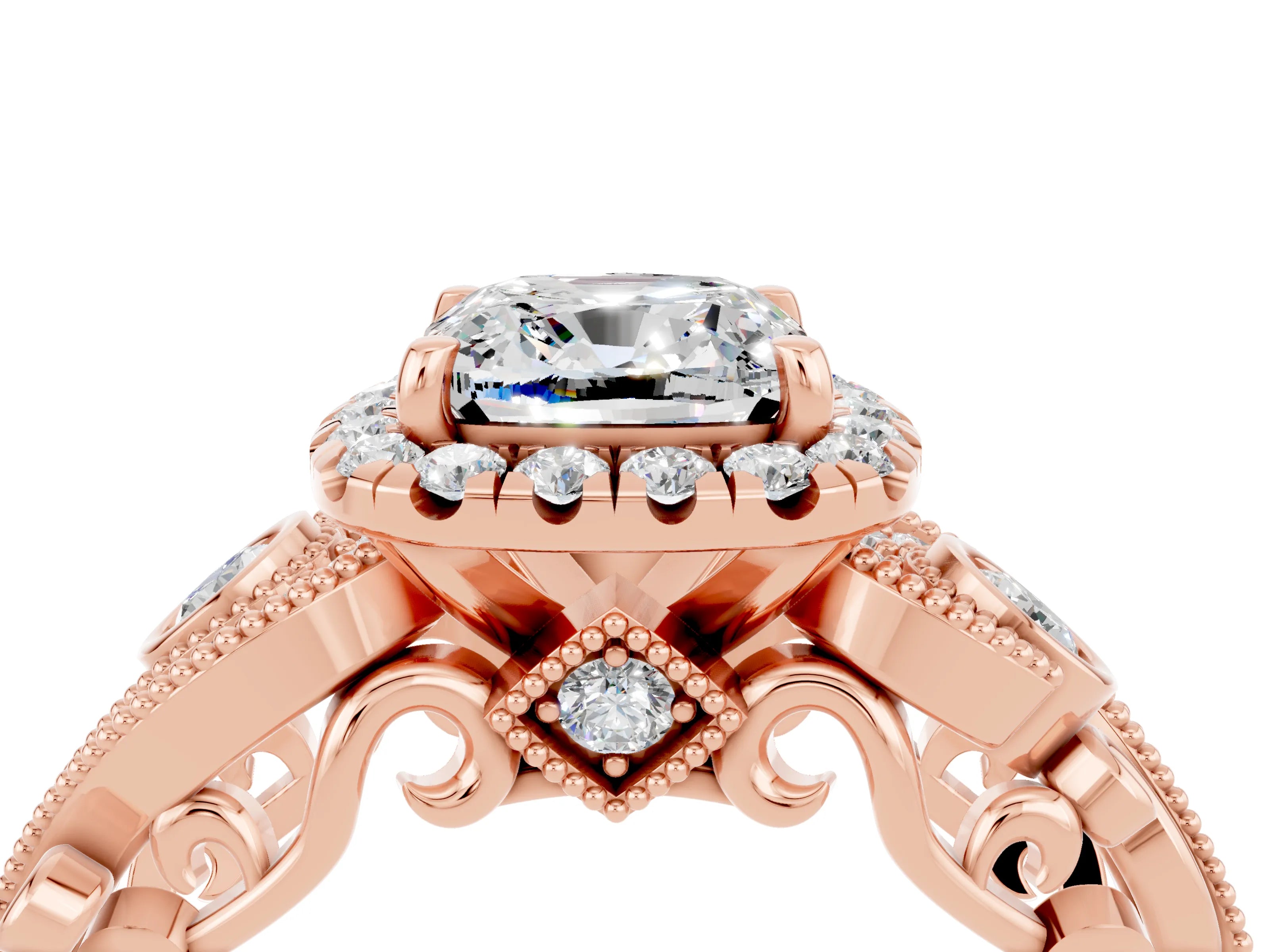Rose gold Cushion Cut Moissanite Halo Ring with Milgrain Pavé Band and Four-Prong Setting_16