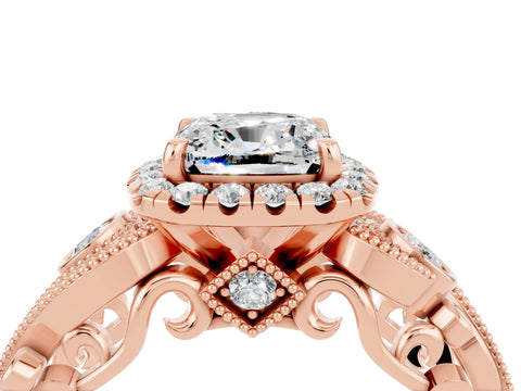 Rose gold Cushion Cut Moissanite Halo Ring with Milgrain Pavé Band and Four-Prong Setting_16