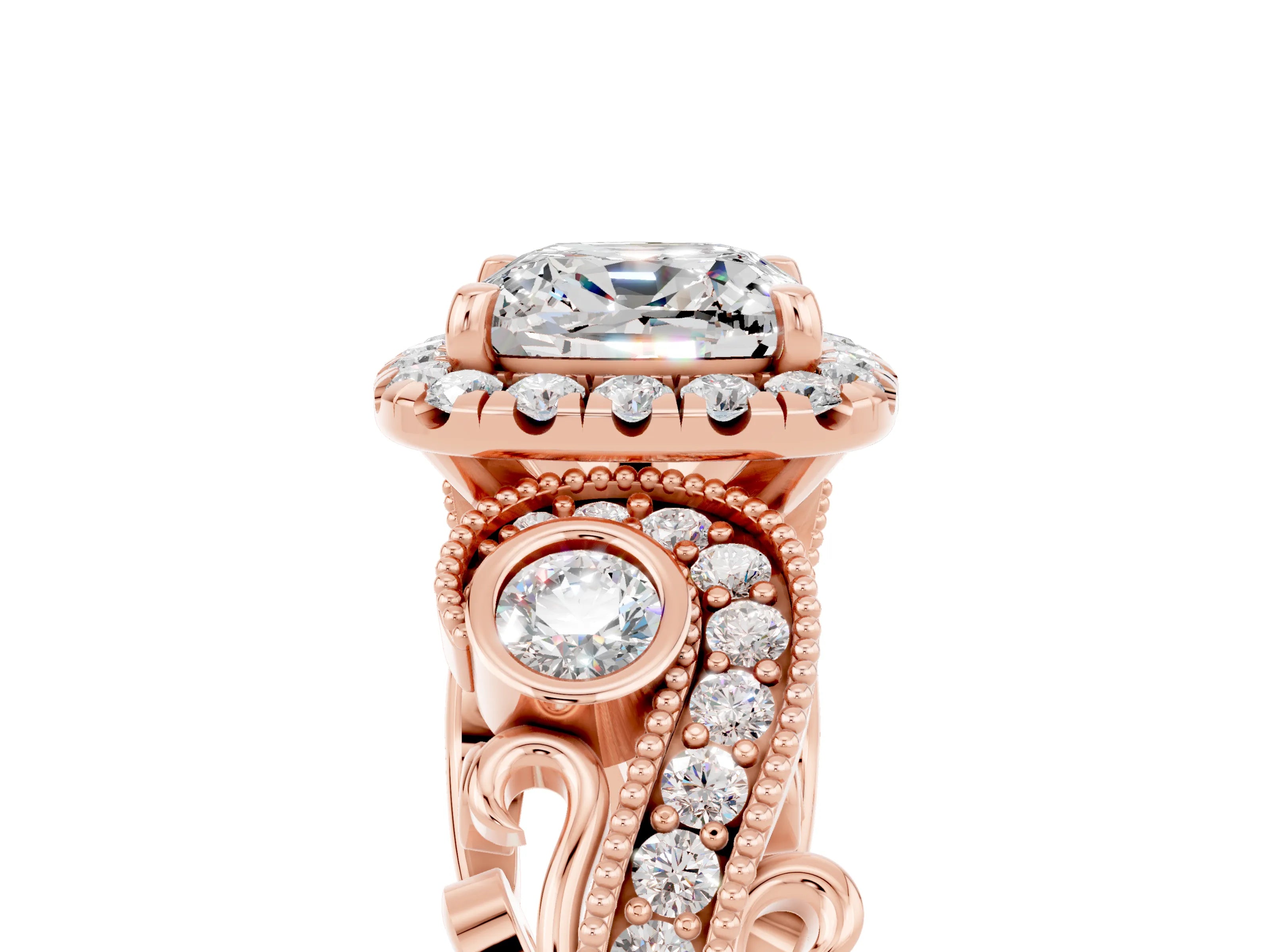 Rose gold Cushion Cut Moissanite Halo Ring with Milgrain Pavé Band and Four-Prong Setting_17