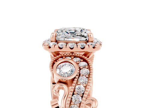 Rose gold Cushion Cut Moissanite Halo Ring with Milgrain Pavé Band and Four-Prong Setting_17