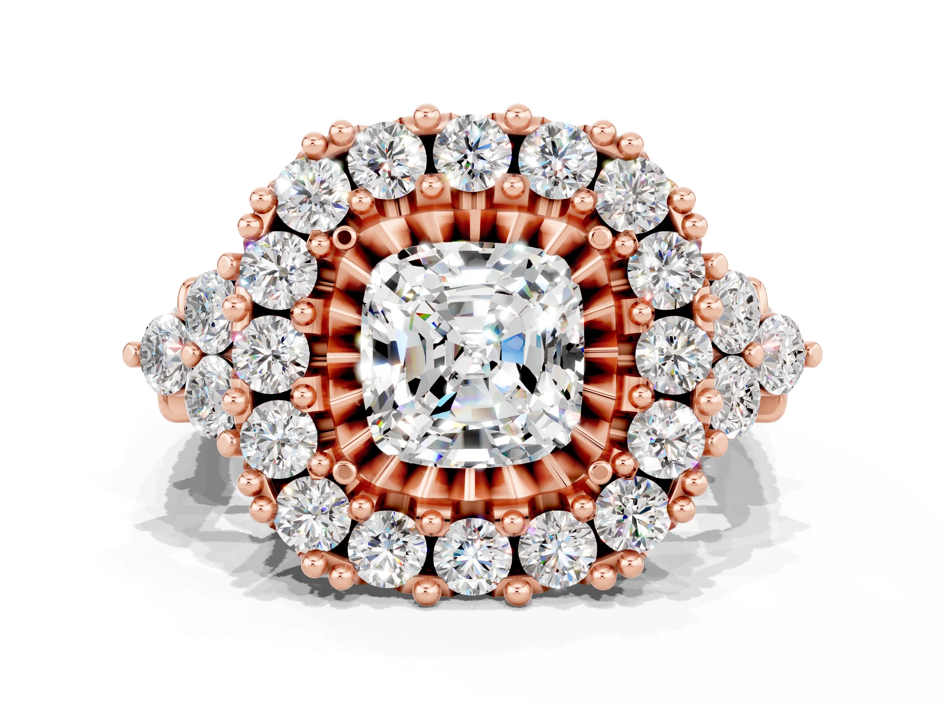 Rose gold Cushion Cut Moissanite Halo Ring with Pavé Band and Four-Prong Setting_12