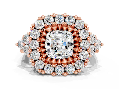 Rose gold Cushion Cut Moissanite Halo Ring with Pavé Band and Four-Prong Setting_12
