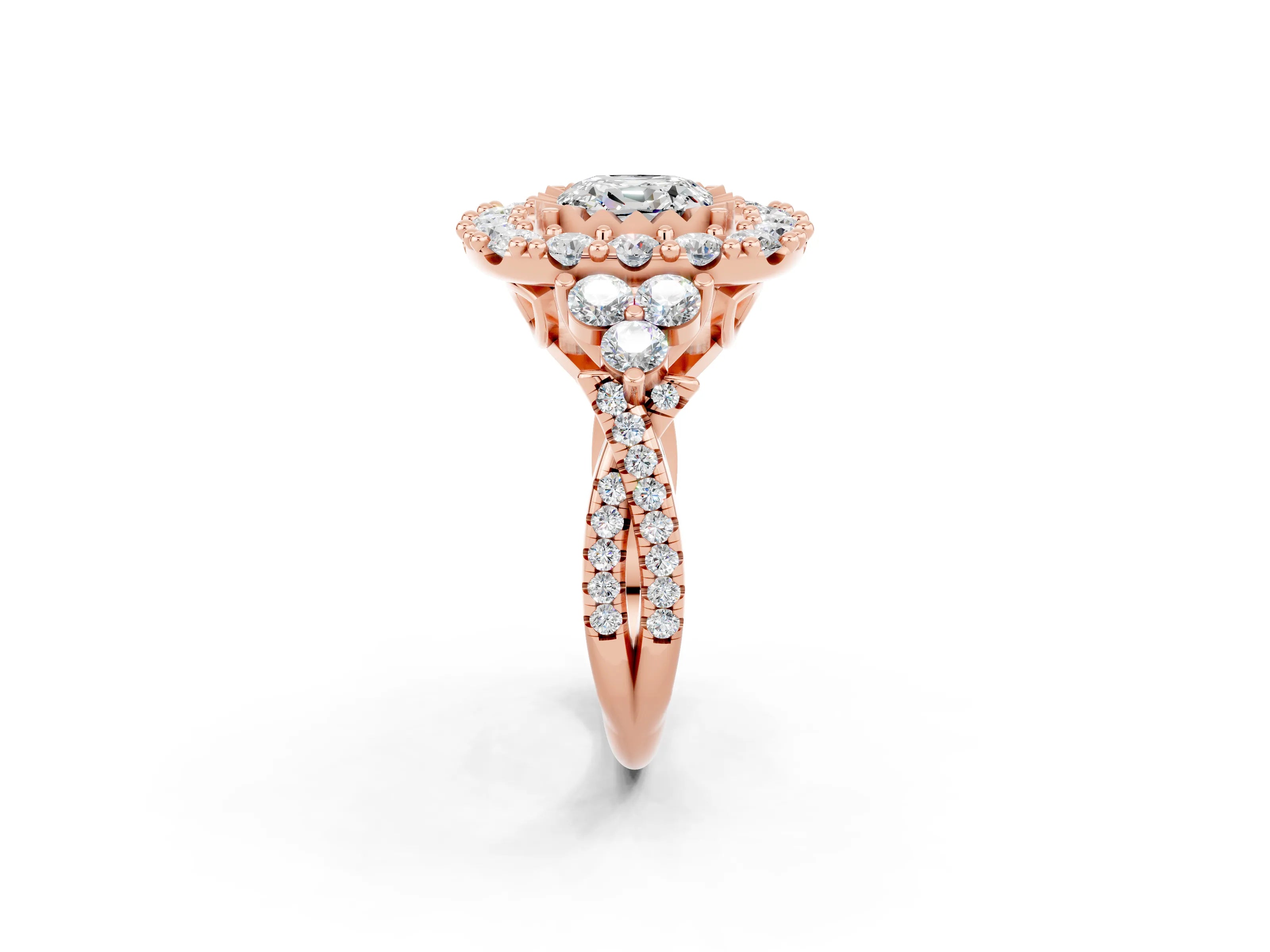 Rose gold Cushion Cut Moissanite Halo Ring with Pavé Band and Four-Prong Setting_14