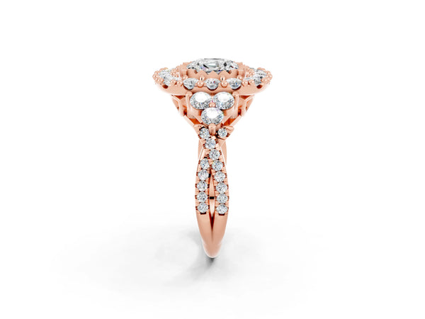Rose gold Cushion Cut Moissanite Halo Ring with Pavé Band and Four-Prong Setting
