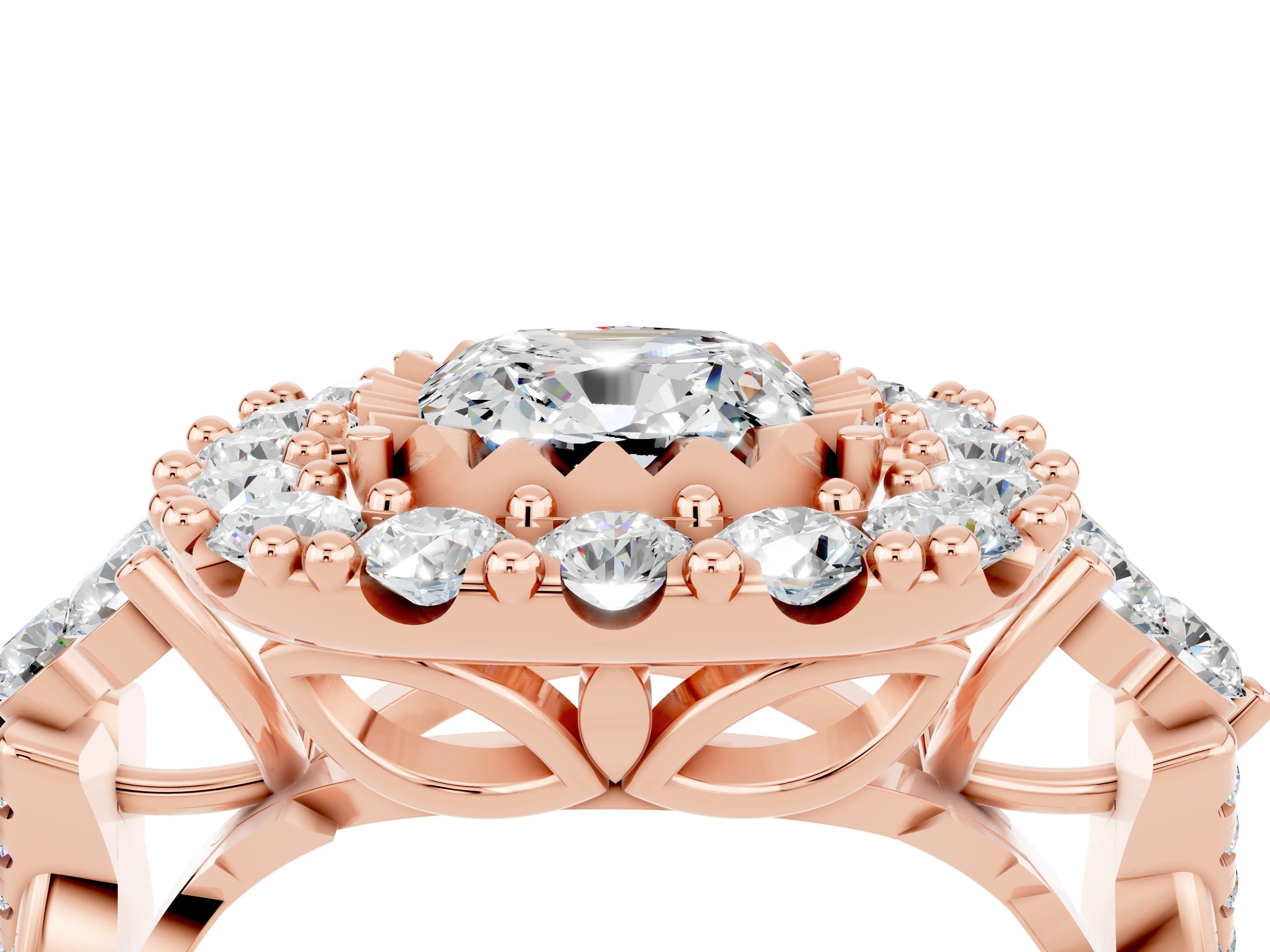 Rose gold Cushion Cut Moissanite Halo Ring with Pavé Band and Four-Prong Setting_16