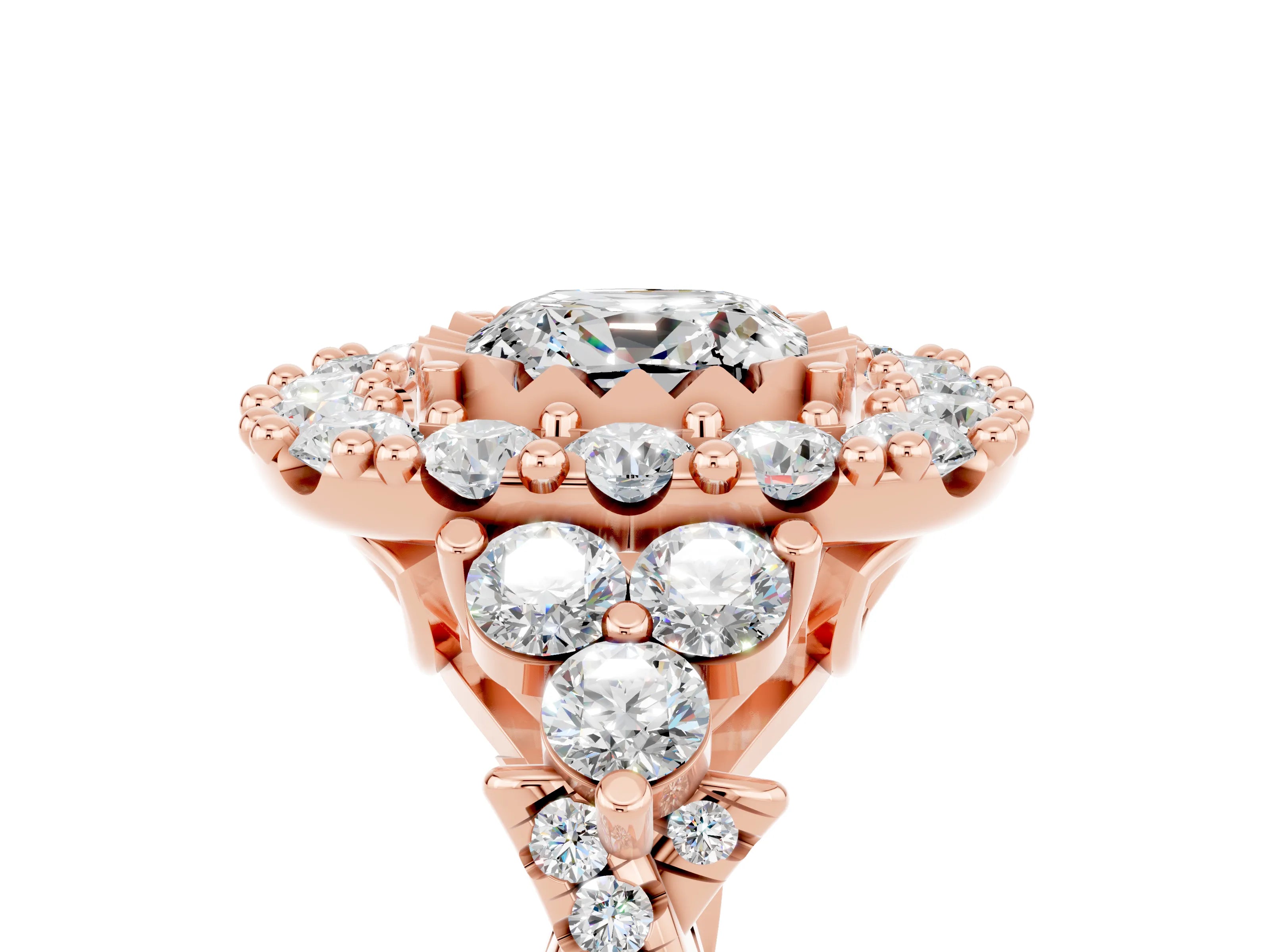 Rose gold Cushion Cut Moissanite Halo Ring with Pavé Band and Four-Prong Setting_17