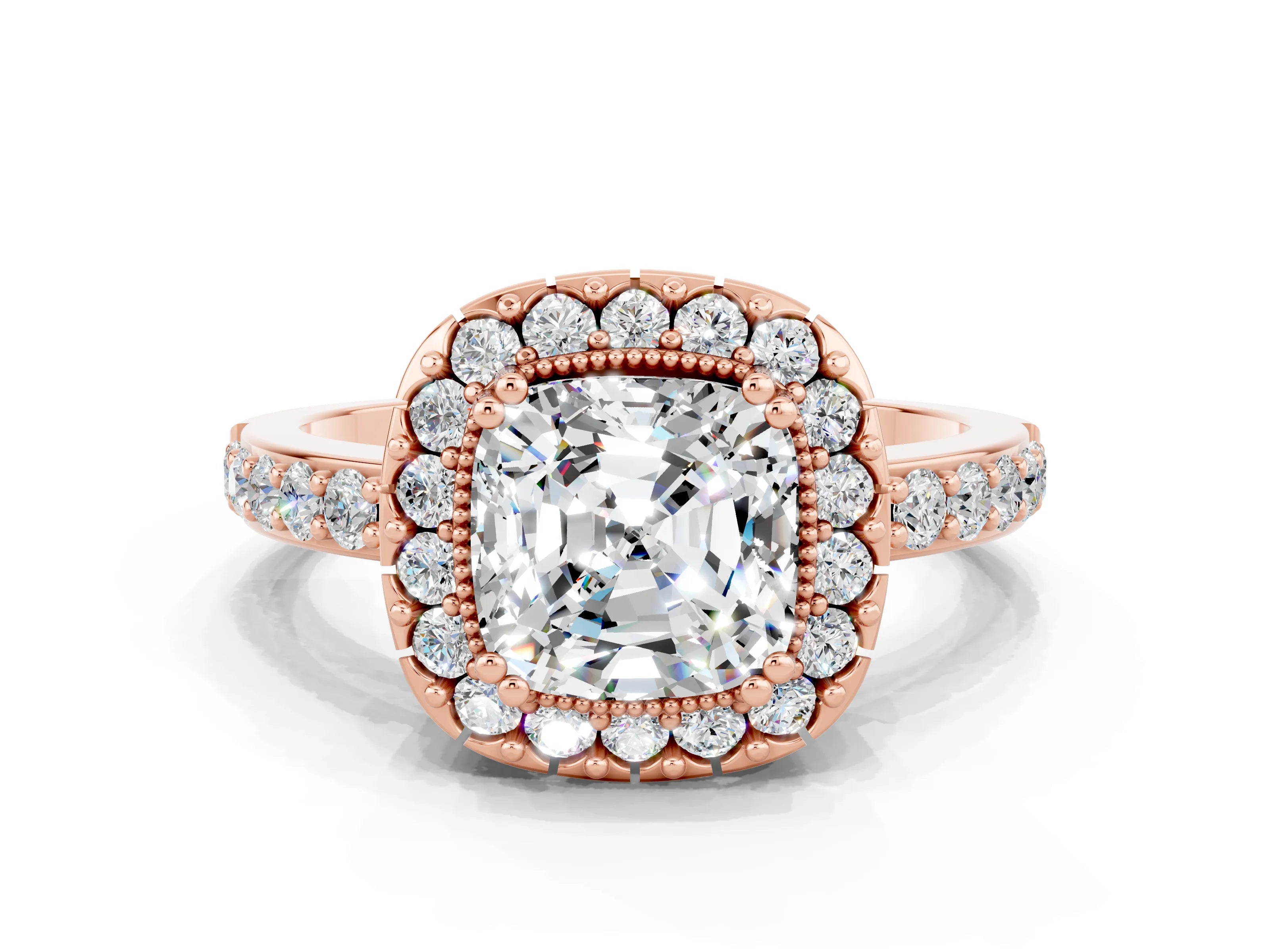 Rose gold Cushion Cut Moissanite Halo Ring with Pavé Band and Prong Setting