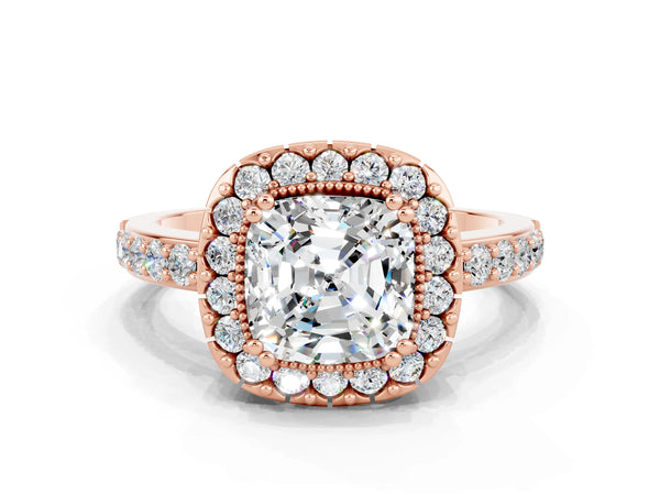 Rose gold Cushion Cut Moissanite Halo Ring with Pavé Band and Prong Setting