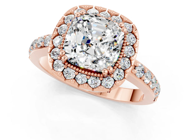 Rose gold Cushion Cut Moissanite Halo Ring with Pavé Band and Prong Setting