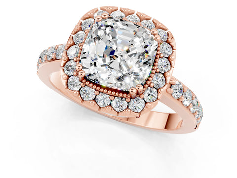 Rose gold Cushion Cut Moissanite Halo Ring with Pavé Band and Prong Setting_1