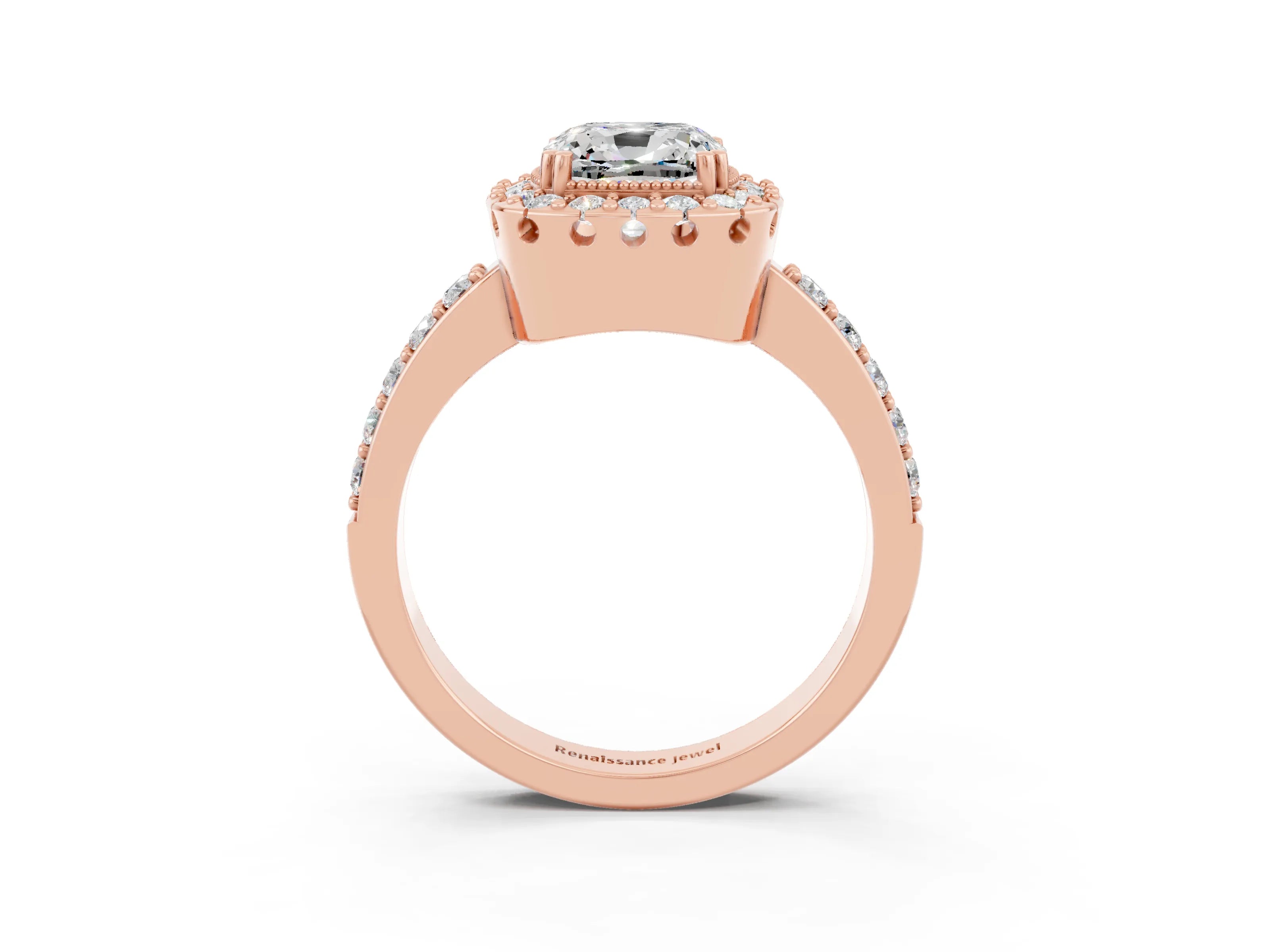 Rose gold Cushion Cut Moissanite Halo Ring with Pavé Band and Prong Setting_3