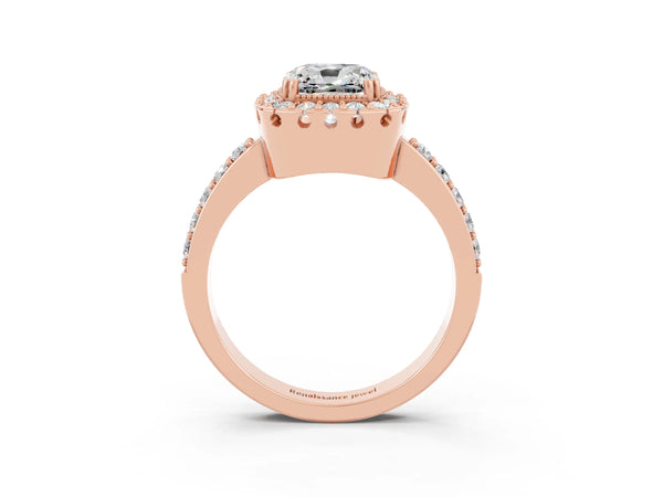 Rose gold Cushion Cut Moissanite Halo Ring with Pavé Band and Prong Setting