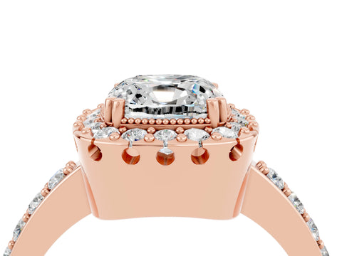 Rose gold Cushion Cut Moissanite Halo Ring with Pavé Band and Prong Setting_4