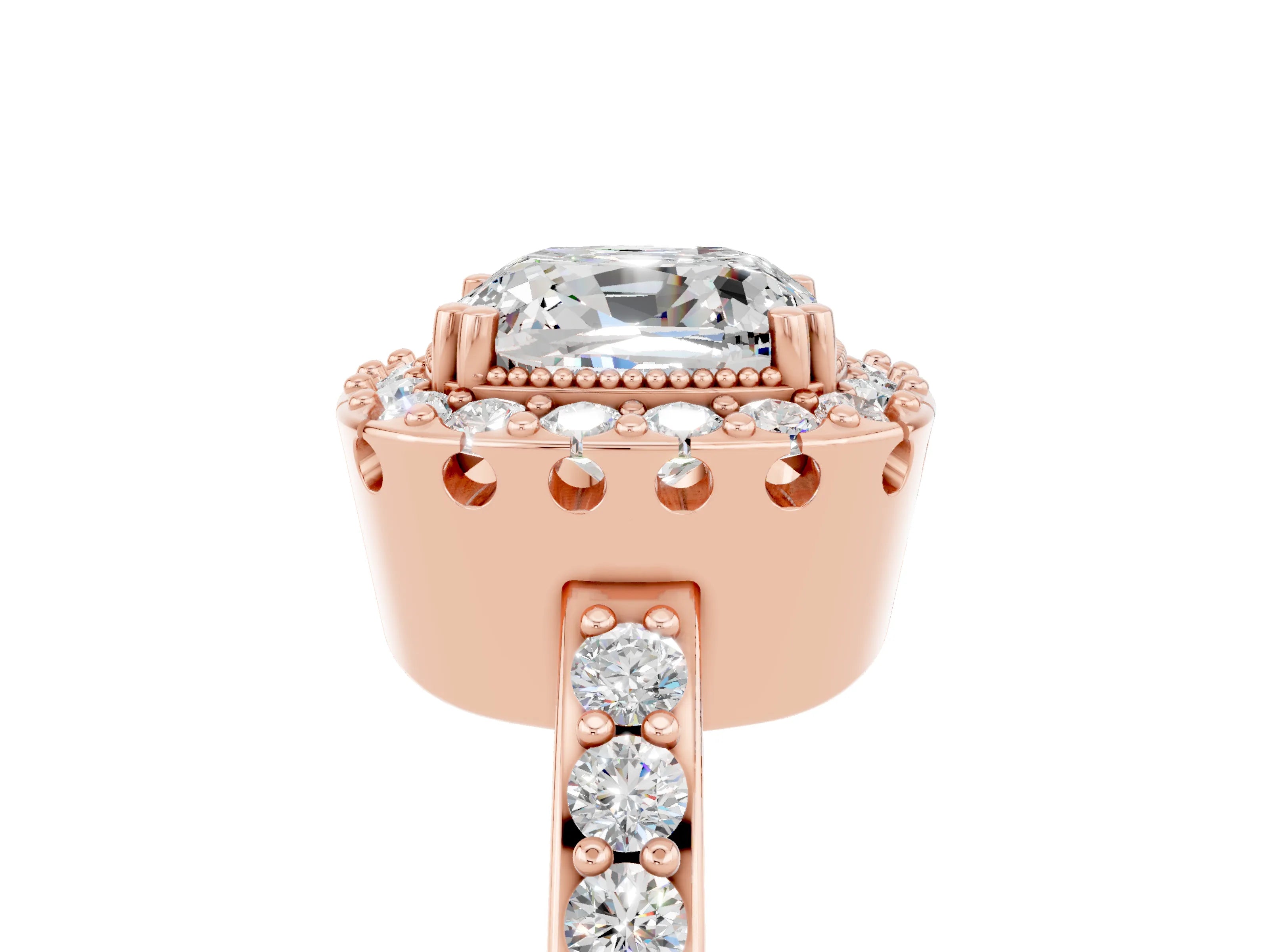 Rose gold Cushion Cut Moissanite Halo Ring with Pavé Band and Prong Setting_5