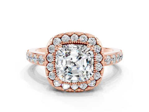 Rose gold Cushion Cut Moissanite Halo Ring with Pavé Band and Prong Setting
