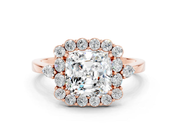Rose gold Cushion Cut Moissanite Halo Ring with Pear Side Stones and Prong Setting